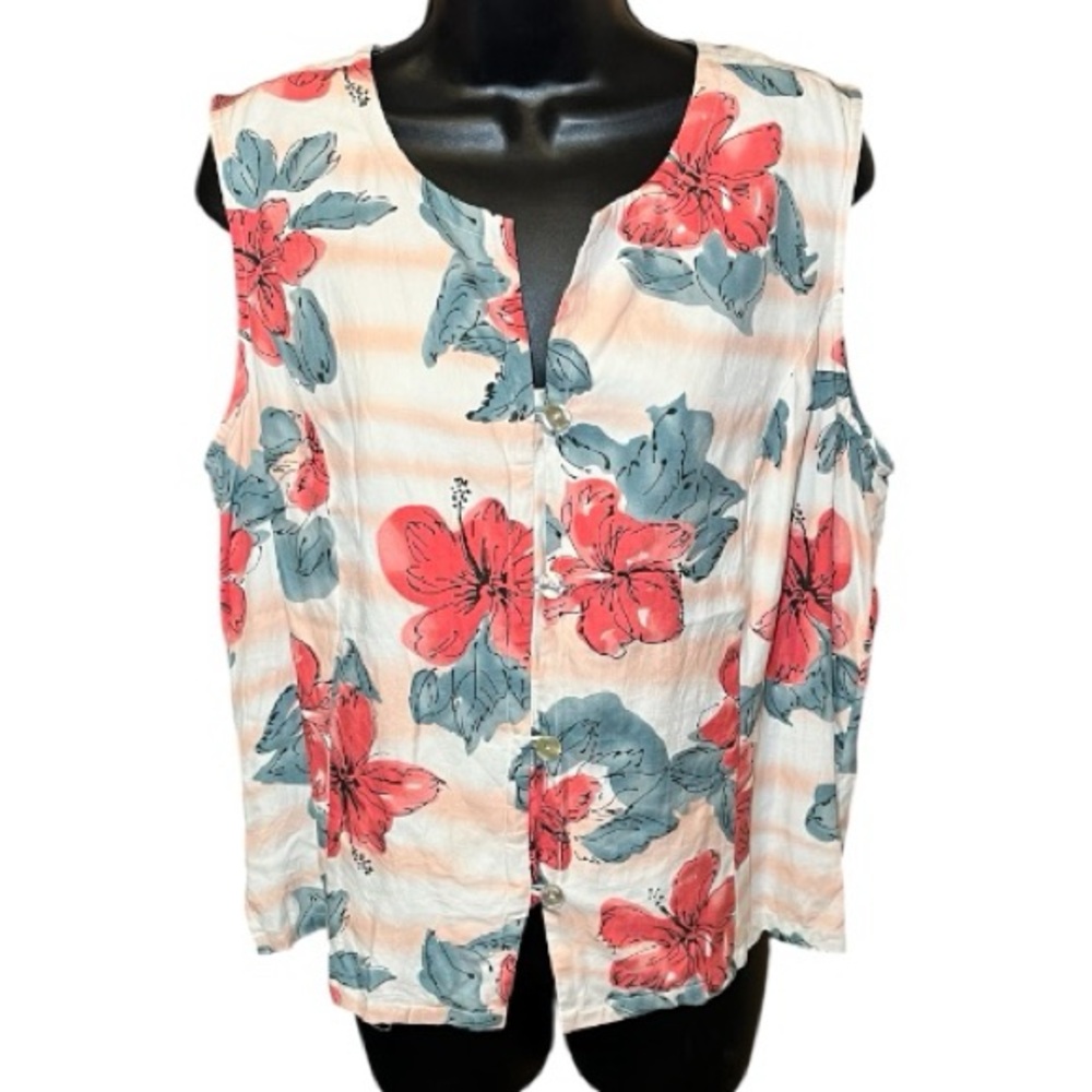 Pineapple Moon Women's 100% Silk Floral Sleeveless Button Front Top